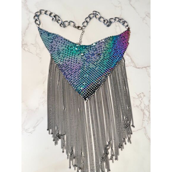 Metal Mesh Bib Necklace with Chain Fringe - Picture 2 of 5